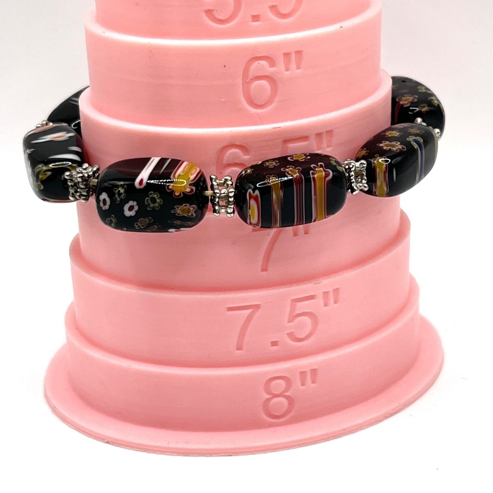Millefiori Glass Beads Stretch Bracelet Black with Multicolor Floral Design 6.5" - Picture 7 of 7